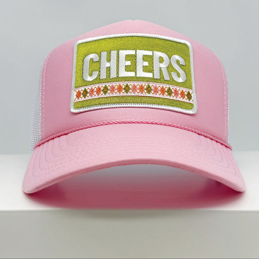 Port Sandz CHEERS pink and white trucker hat front